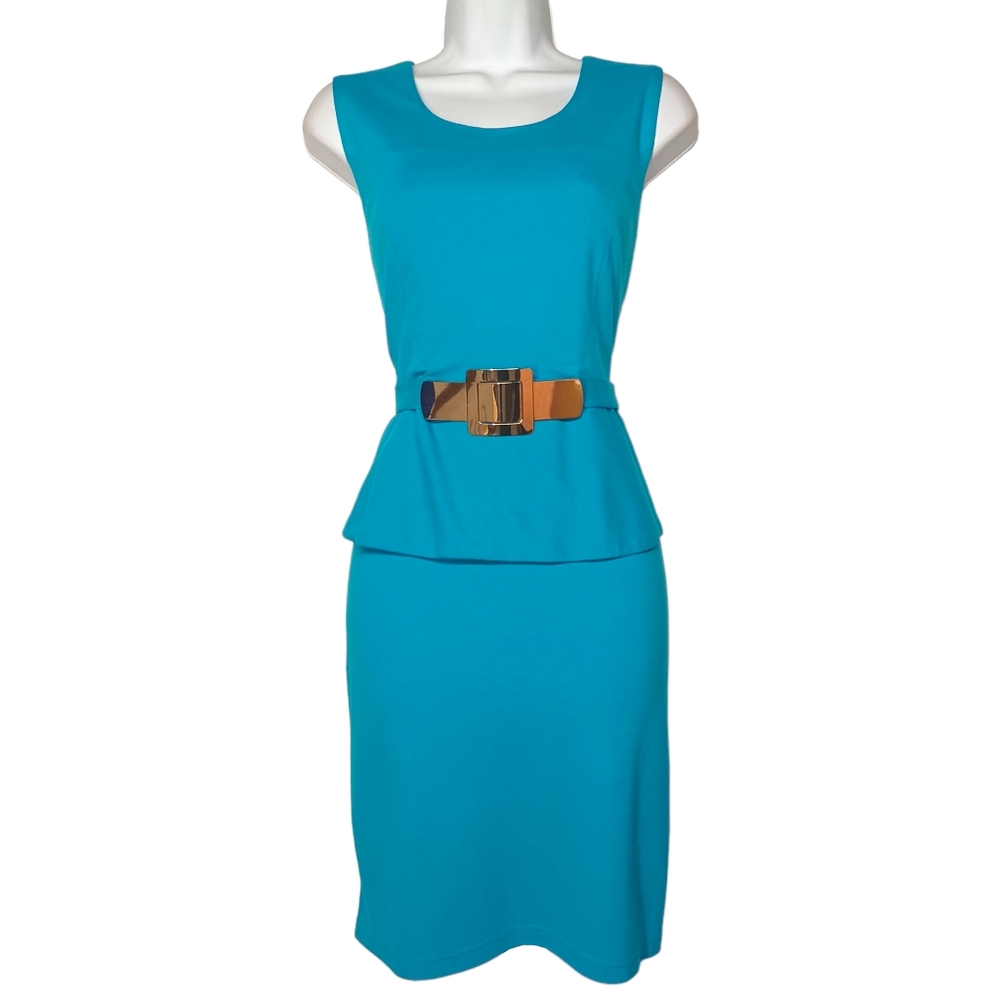 ALFANI PETITES Metallic Gold Faux Belt Blue Sleeveless Sheath Knee Length Dress
